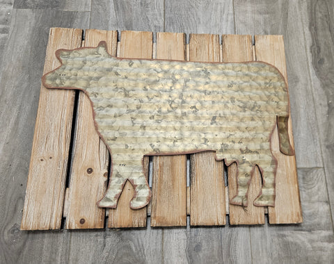 1505004183 GLITZHOME METAL COW ON WOODEN SLATES SIGN