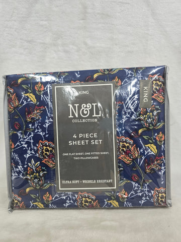 480553 FLORA BLUE N&L COLLECTION KING 4PC SHEET SET