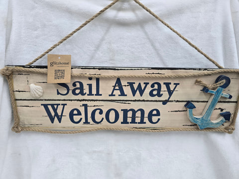 842164 GLITZHOME "SAIL AWAY WELCOME" WOODEN BEACH SIGN
