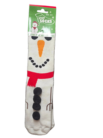 B49J1228 SILLY SOCKS "SNOWMAN" THICK SOCKS RUBBER DOTS ON BOTTOM SIZE 5.5-11.5