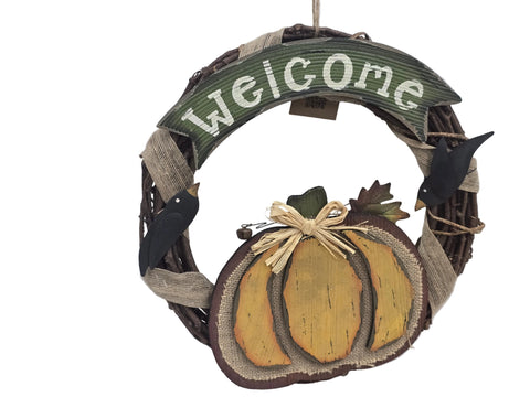 844007 GLITZHOME "WELCOME" FALL PUMPKIN GRAPEVINE WREATH