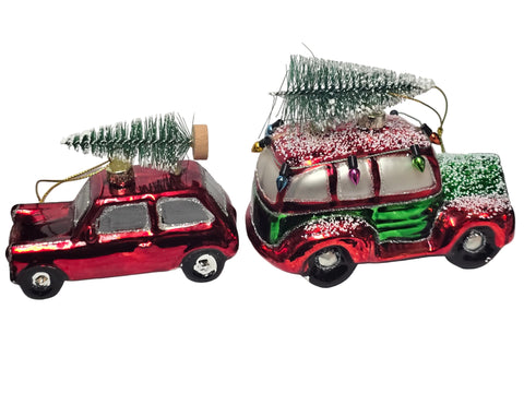 0252 CAR W/TREE HAND BLOWN CHRISTMAS ORNAMENT 2 PC SET