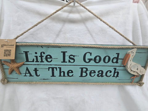 842164 GLITZHOME "LIFE IS GOOD AT THE BEACH WOODEN BEACH HANGING