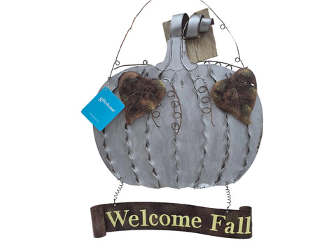 862872 GLITZHOME "WELCOME FALL" SILVER PUMPKIN METAL HANGING SIGN