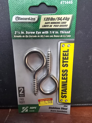 7144S Secure Line 2 Pack 2-3/8" Screw Eye with 1/4" Thread