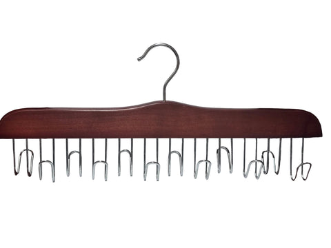 J84V AMBER HOME WOODEN CHERRY BELT PURSE SCARF HANGER CHROME 12 HOOKS 16" X 3.5" CHROME HOOKS