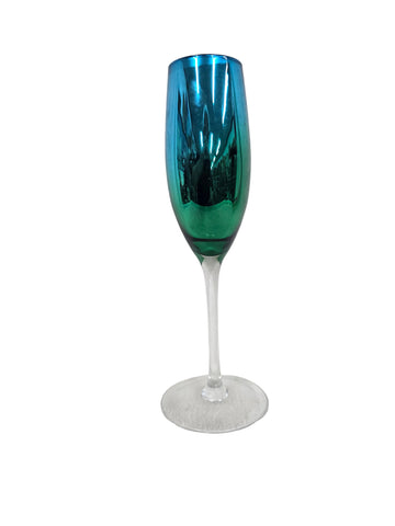17459 PIER 1 CHAMPAGNE FLUTE METALLIC GREEN/BLUE HAND BLOWN