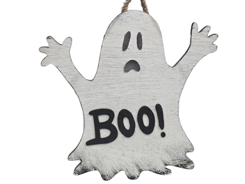 RWH2 RUSTIC WORLD "BOO" GHOST HANGING SIGN