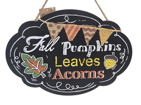 849507B GLITZHOME "FALL PUMPKINS LEAVES ACORNS" HANGING SIGN